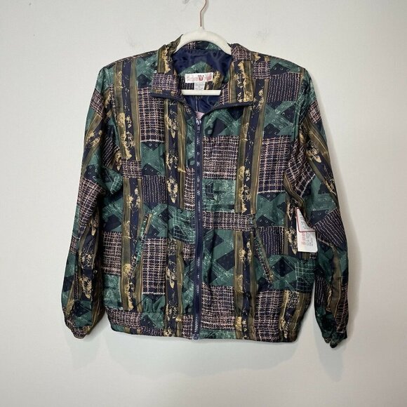 Vintage Deadstock 100% Silk Bomber Jacket Size Petite Medium Abstract Patchwork - Picture 1 of 7